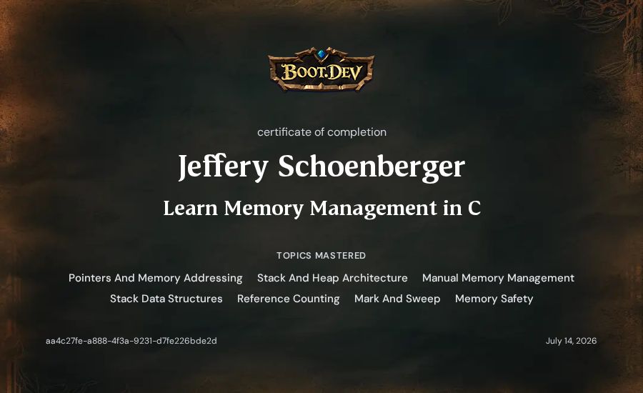 Jeff Schoenberger's Boot.dev Learn Memory Management in C certificate