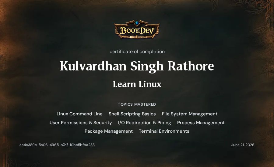Kulvardhan Singh Rathore's Boot.dev Learn Linux certificate