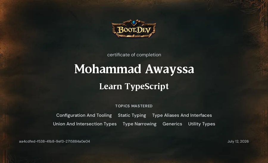 Mohammad Awayssa's Boot.dev Learn TypeScript certificate