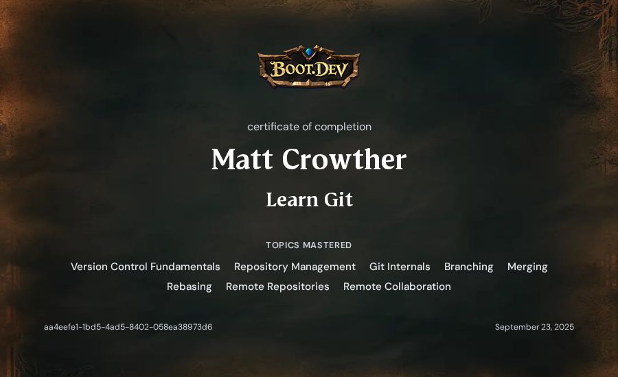 Matt Crowther's Boot.dev Learn Git certificate