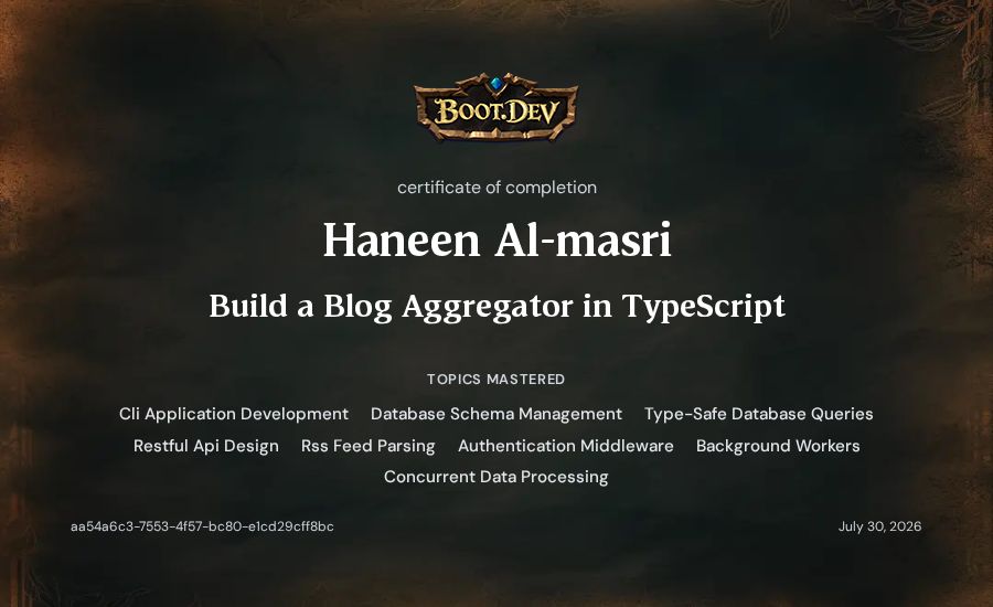 Haneen Al-masri's Boot.dev Build a Blog Aggregator in TypeScript certificate