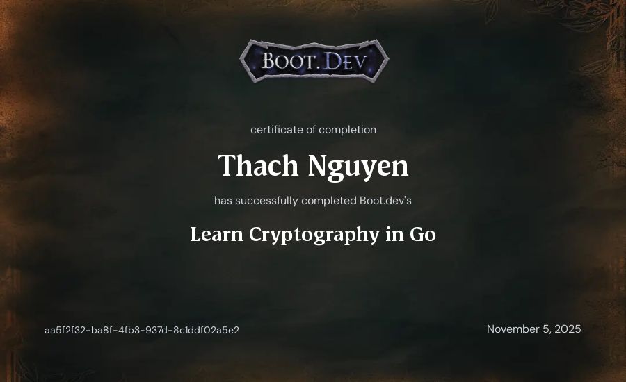 Thach Nguyen's Boot.dev Learn Cryptography in Go certificate