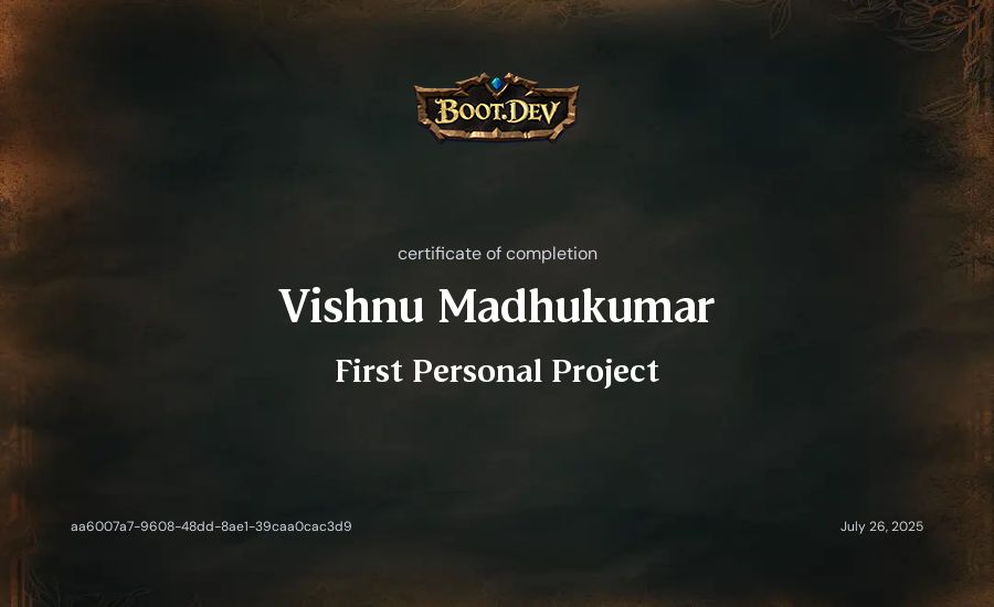 Vishnu Madhukumar's Boot.dev First Personal Project certificate