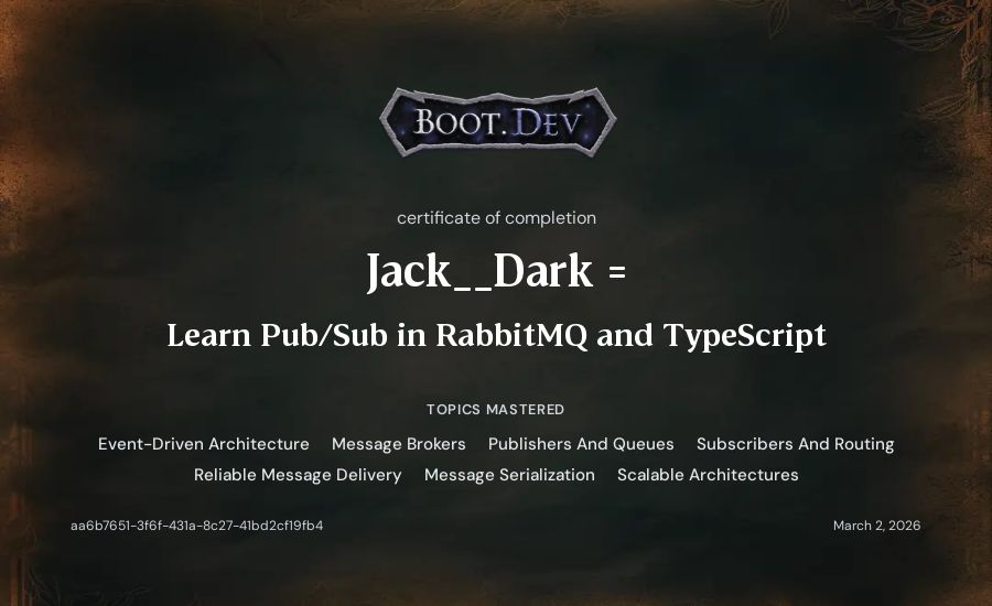 Jack__Dark ='s Boot.dev Learn Pub/Sub in RabbitMQ and TypeScript certificate