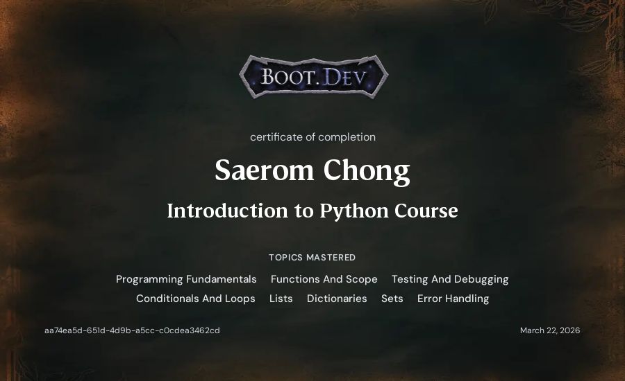 Saerom Chong's Boot.dev Introduction to Python Course certificate