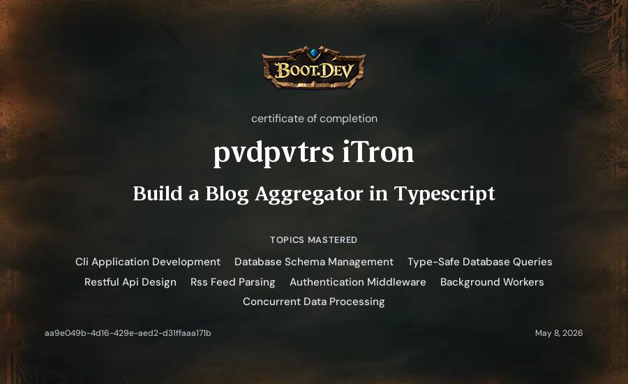 pvdpvtrs iTron's Boot.dev Build a Blog Aggregator in TypeScript certificate