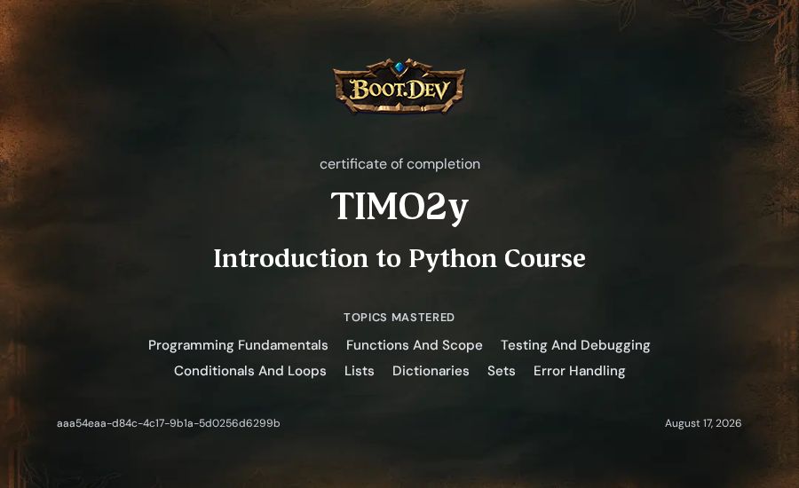 Timothy Adeyemo's Boot.dev Introduction to Python Course certificate