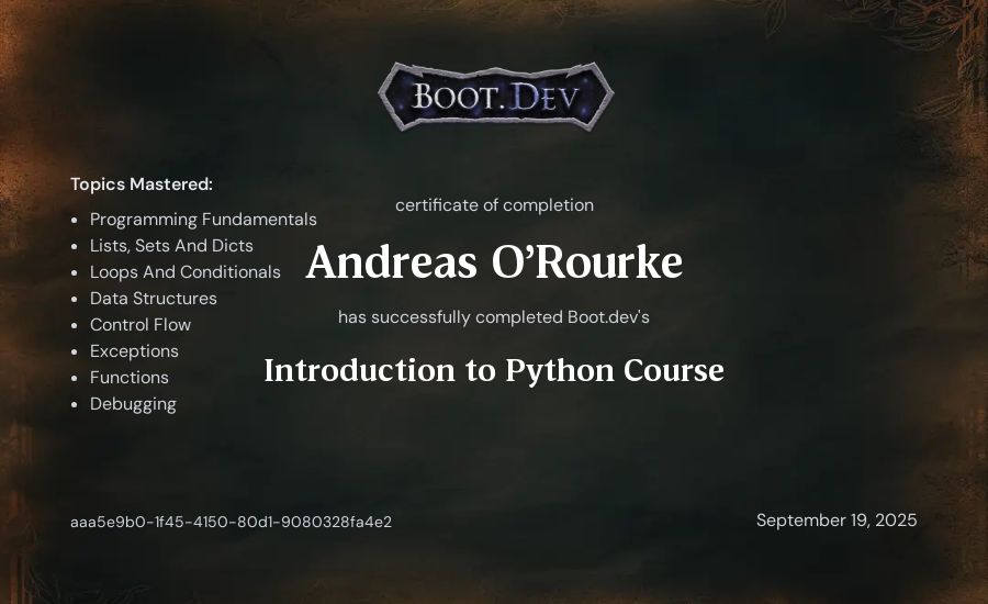 Andreas O'Rourke's Boot.dev Introduction to Python Course certificate