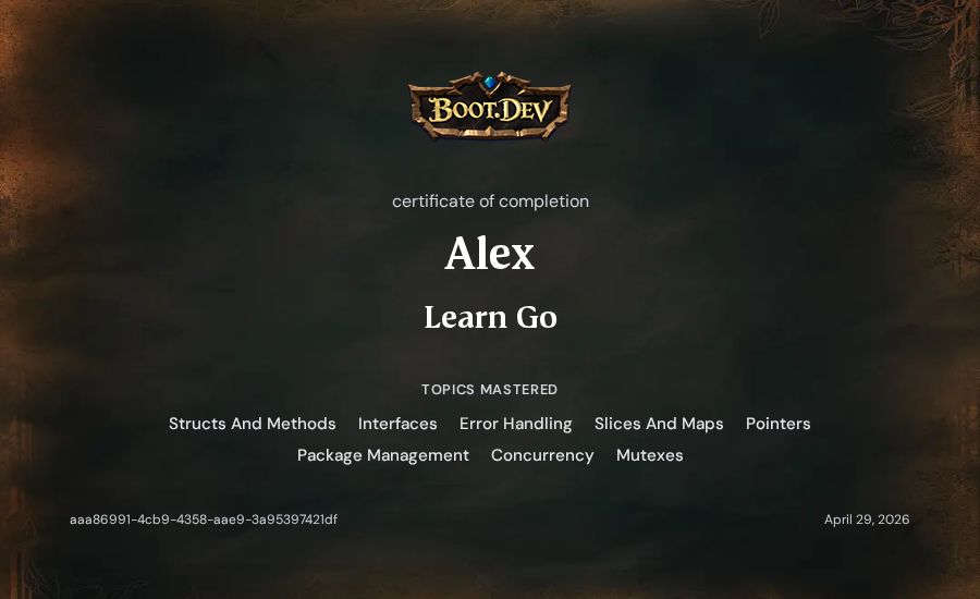 Alex's Boot.dev Learn Go certificate