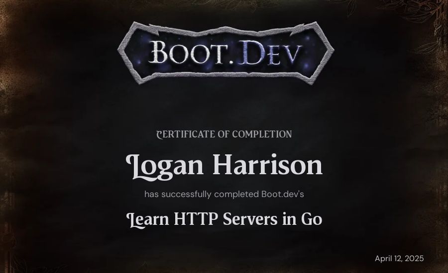 Logan Harrison's Boot.dev Learn HTTP Servers in Go certificate