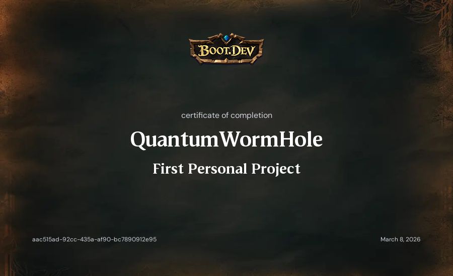 QuantumWormHole's Boot.dev First Personal Project certificate