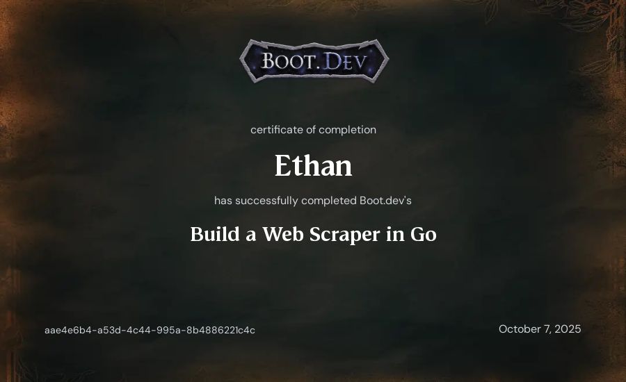 Ethan's Boot.dev Build a Web Scraper in Go certificate
