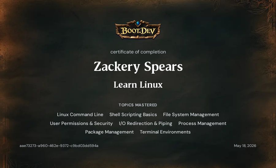 Zackery Spears's Boot.dev Learn Linux certificate