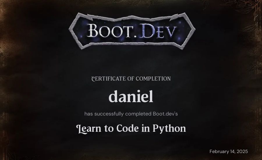 daniel's Boot.dev Introduction to Python Course certificate