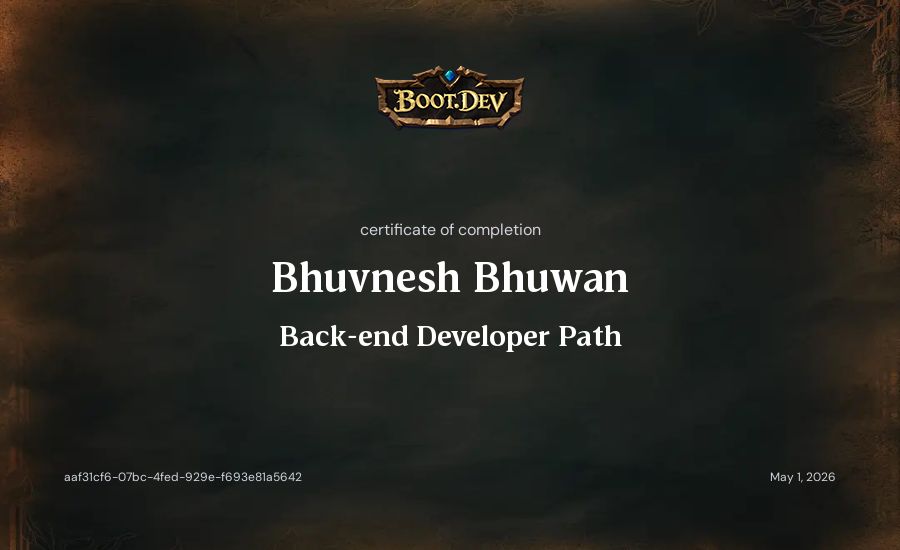 Bhuvnesh Bhuwan's Boot.dev Back-end Developer Path certificate