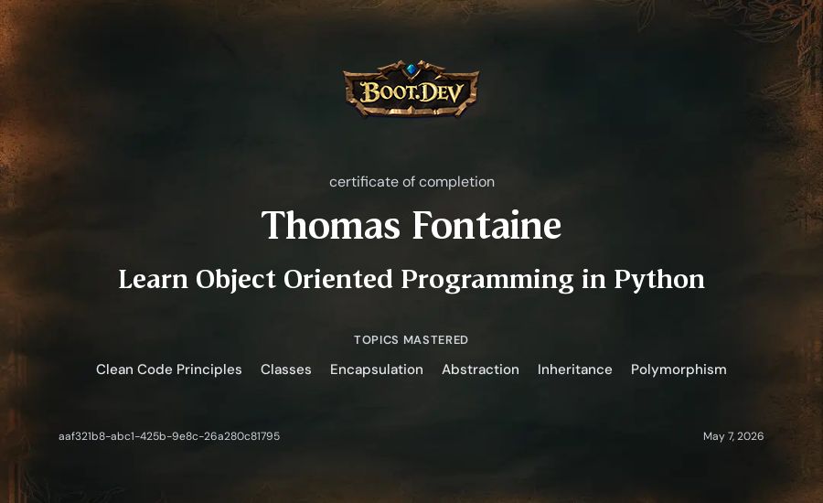 Thomas Fontaine's Boot.dev Learn Object Oriented Programming in Python certificate