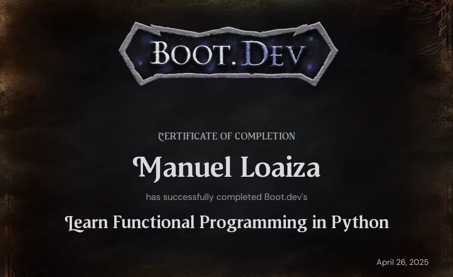 Manuel Loaiza's Boot.dev Learn Functional Programming in Python certificate