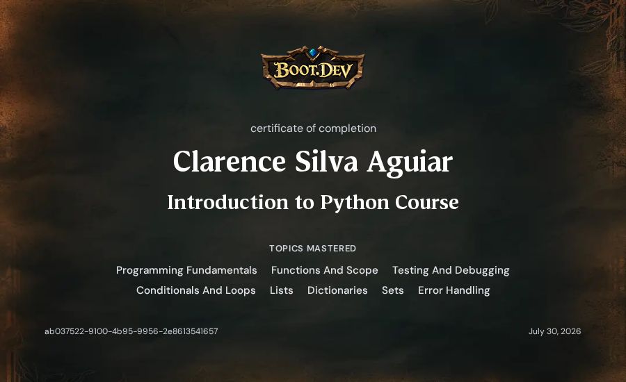 Clarence Silva Aguiar's Boot.dev Introduction to Python Course certificate