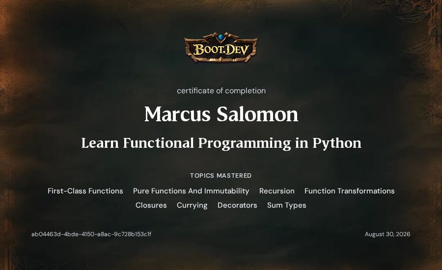 Marcus Salomon's Boot.dev Learn Functional Programming in Python certificate