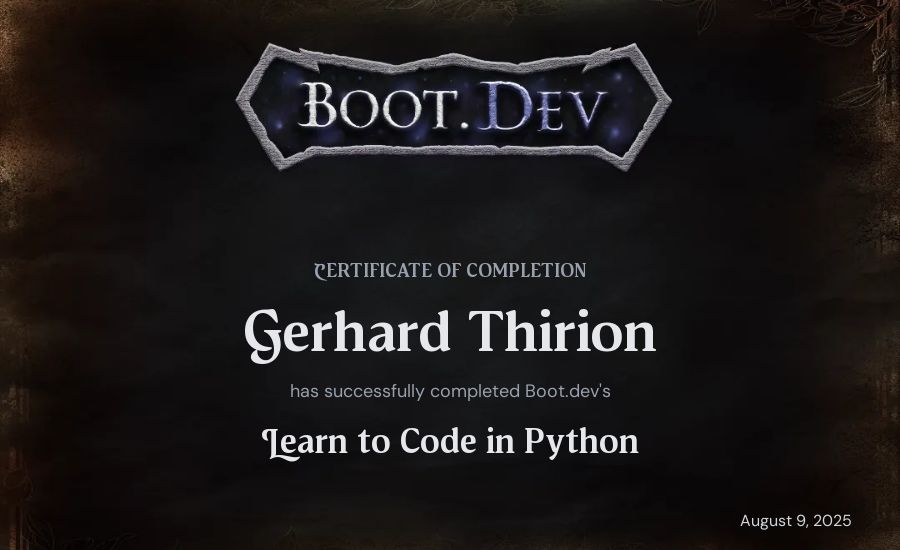Gerhard Thirion's Boot.dev Introduction to Python Course certificate