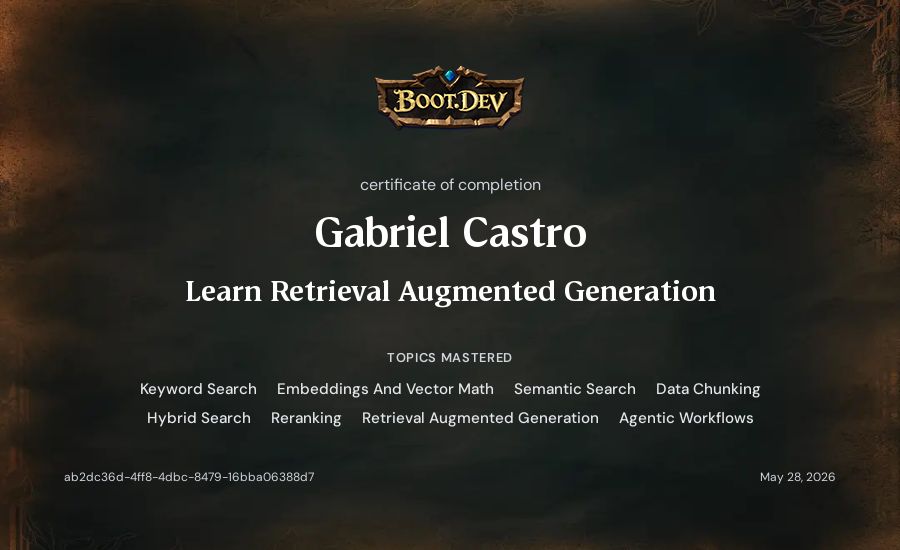 Gabriel Castro's Boot.dev Learn Retrieval Augmented Generation certificate