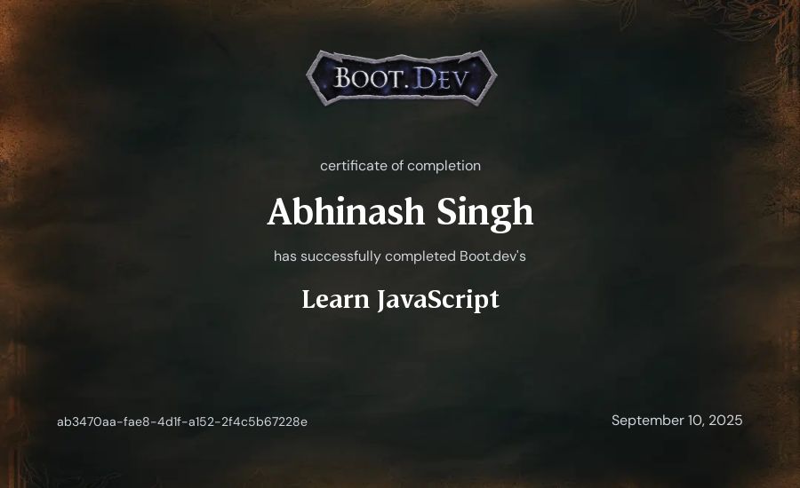 Abhinash Singh's Boot.dev Learn JavaScript certificate
