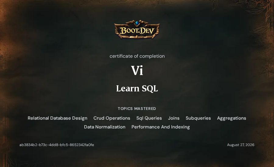 Vi's Boot.dev Learn SQL certificate
