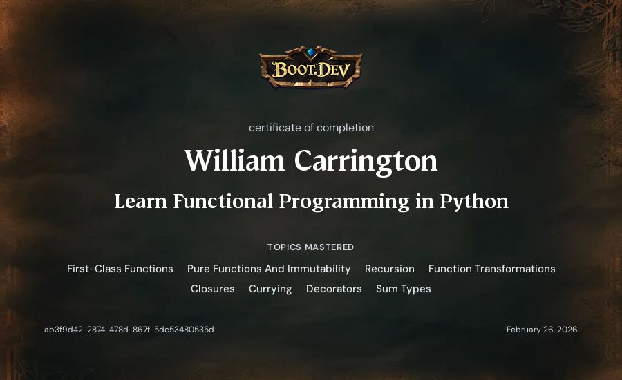 William Carrington's Boot.dev Learn Functional Programming in Python certificate