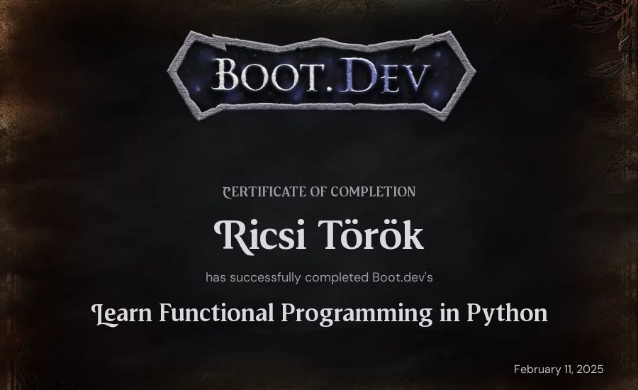 Ricsi Török's Boot.dev Learn Functional Programming in Python certificate