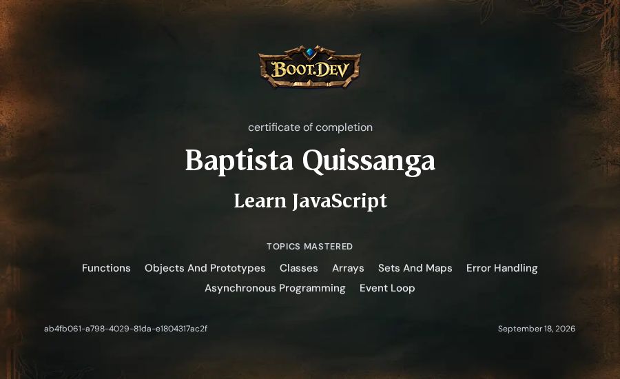 Baptista Quissanga's Boot.dev Learn JavaScript certificate
