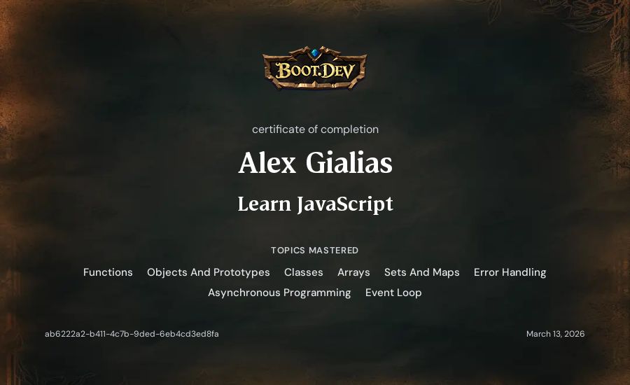 Alex Gialias's Boot.dev Learn JavaScript certificate