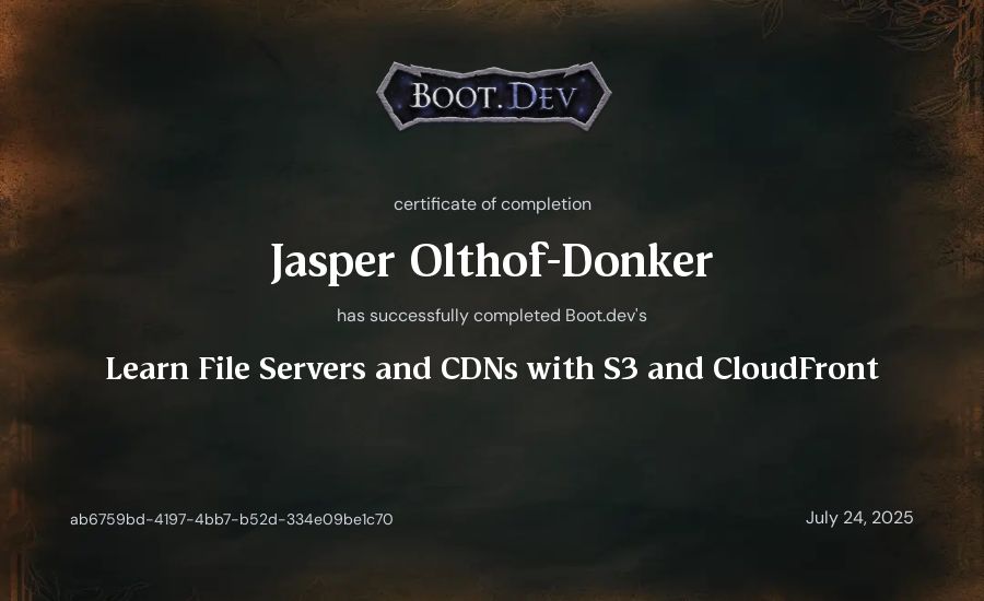 Jasper Olthof-Donker's Boot.dev Learn File Servers and CDNs with S3 and CloudFront certificate