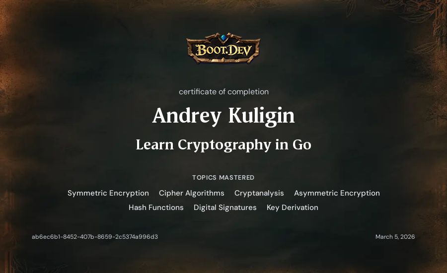 Andrey Kuligin's Boot.dev Learn Cryptography in Go certificate