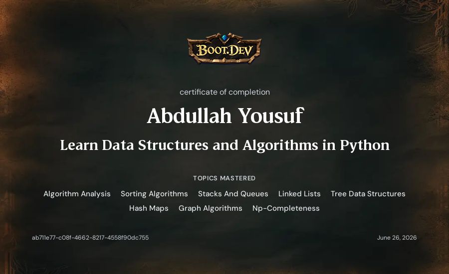 Abdullah Yousuf's Boot.dev Learn Data Structures and Algorithms in Python certificate