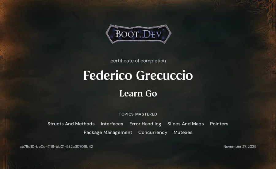 Federico Grecuccio's Boot.dev Learn Go certificate