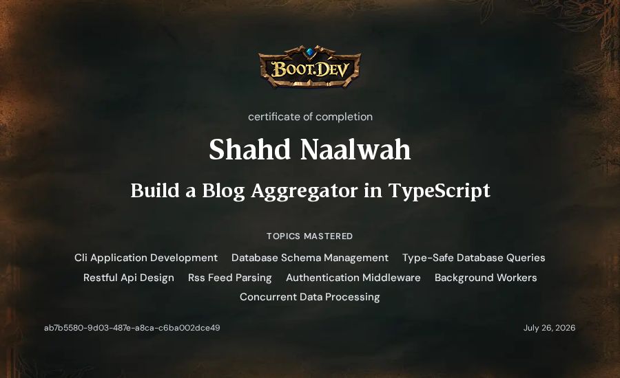 Shahd Naalwah's Boot.dev Build a Blog Aggregator in TypeScript certificate