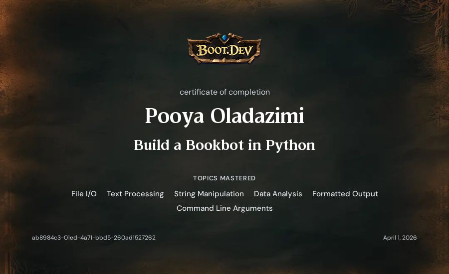 Pooya Oladazimi's Boot.dev Build a BookBot in Python certificate