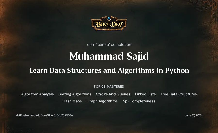 Muhammad Sajid's Boot.dev Learn Data Structures and Algorithms in Python certificate