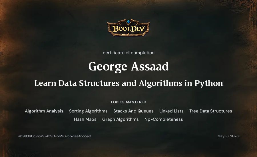 George Assaad's Boot.dev Learn Data Structures and Algorithms in Python certificate