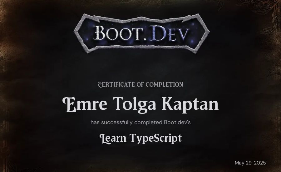 Emre Tolga Kaptan's Boot.dev Learn TypeScript certificate