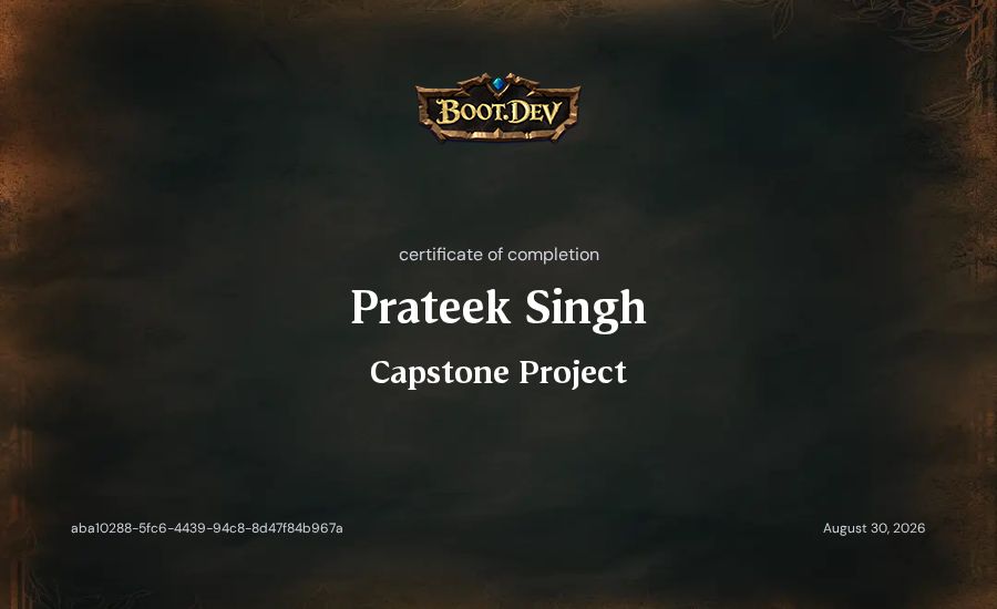 Prateek Singh's Boot.dev Capstone Project certificate