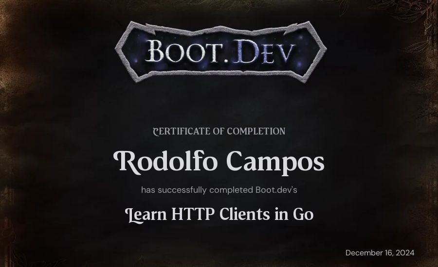 Rodolfo Campos's Boot.dev Learn HTTP Clients in Go certificate