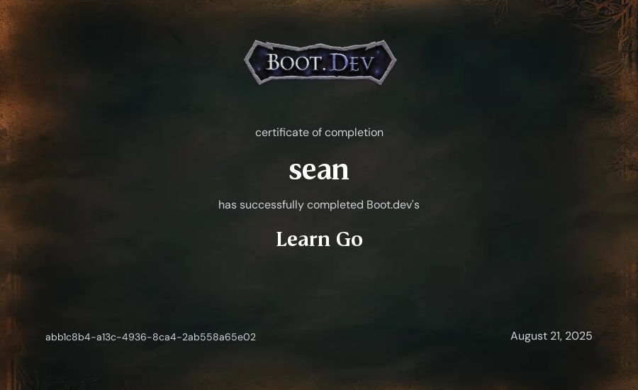 sean's Boot.dev Learn Go certificate