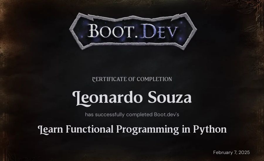 Leonardo Souza's Boot.dev Learn Functional Programming in Python certificate