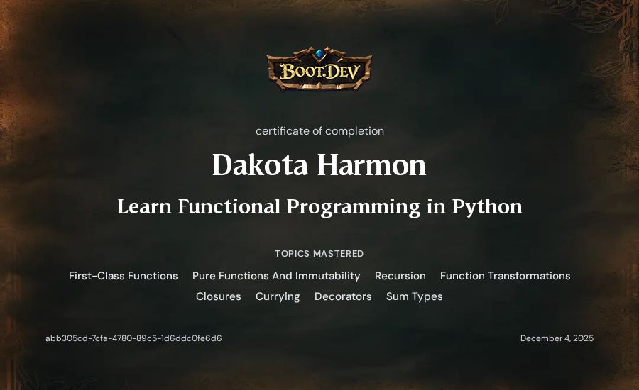 Dakota Harmon's Boot.dev Learn Functional Programming in Python certificate