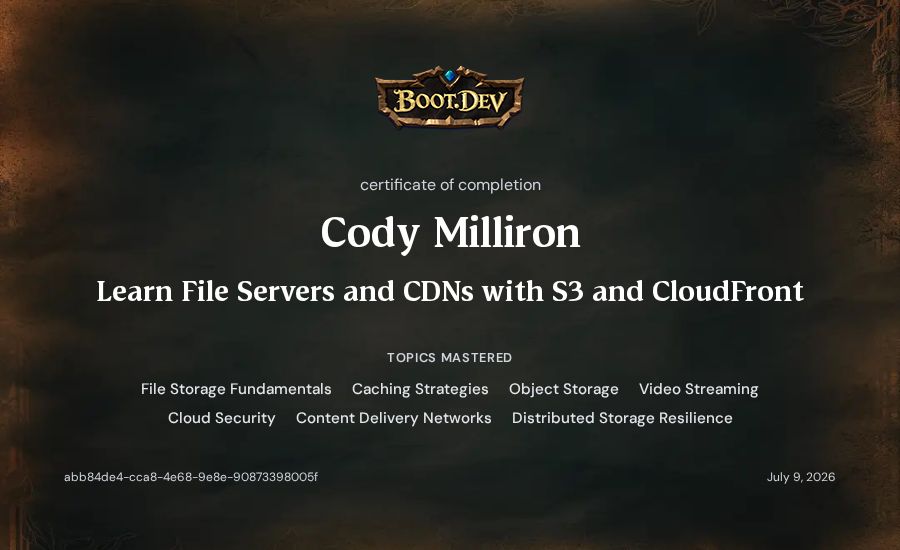 Cody Milliron's Boot.dev Learn File Servers and CDNs with S3 and CloudFront certificate