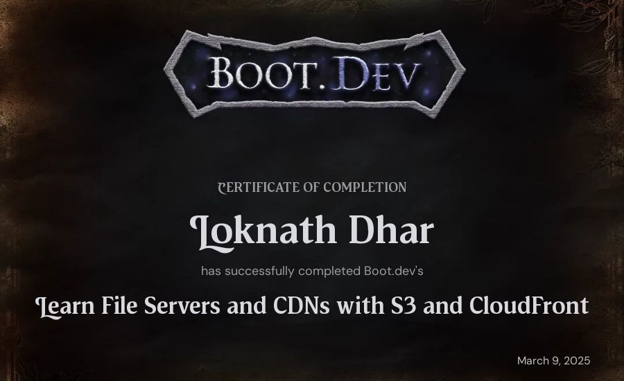 Loknath Dhar's Boot.dev Learn File Servers and CDNs with S3 and CloudFront certificate