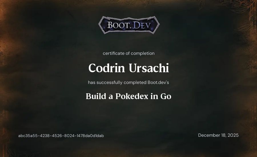 Codrin Ursachi's Boot.dev Build a Pokedex in Go certificate