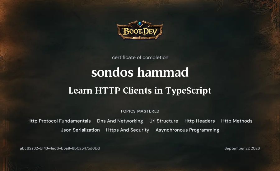 sondos hammad's Boot.dev Learn HTTP Clients in TypeScript certificate