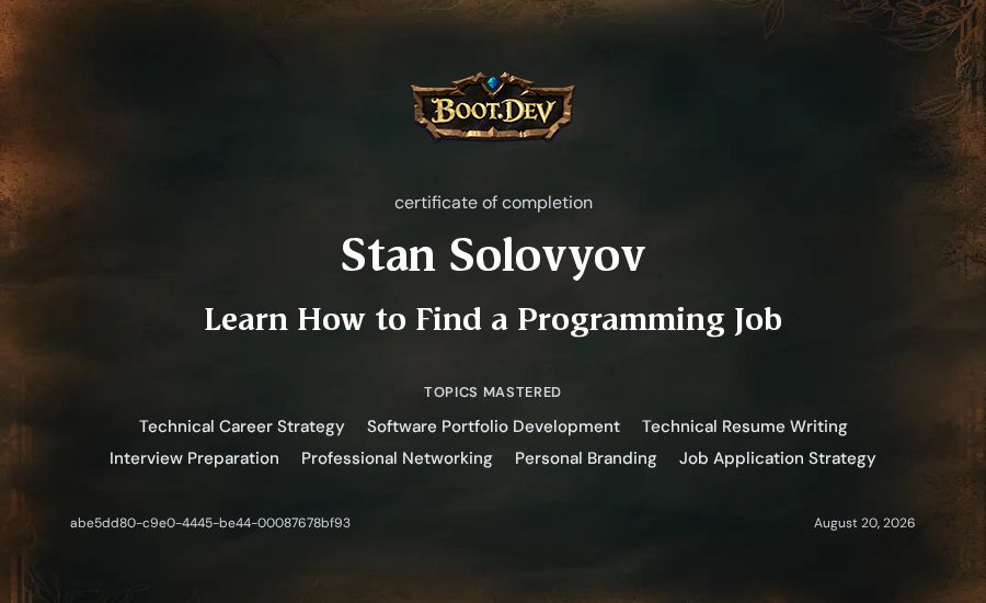 Stan Solovyov's Boot.dev Learn How to Find a Programming Job certificate